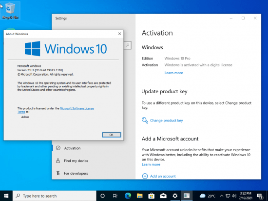 Windows 10 Pro 21H1 10.0.19043.1110 Multilingual Preactivated July 2021